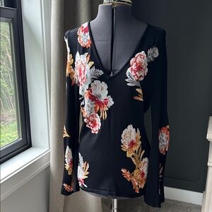 INC International Concepts Black Floral Long Sleeve Blouse